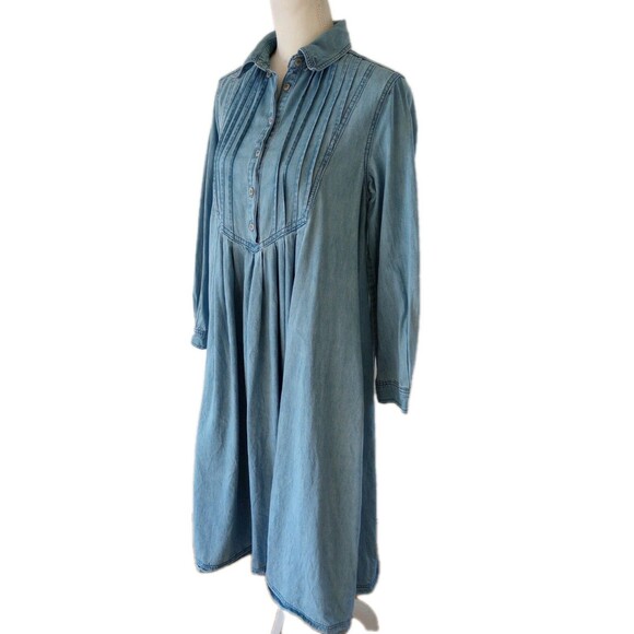 April Cornell Dress Small Denim Pintuck Prairie Boho Peasant Cottage Pockets - Picture 4 of 9